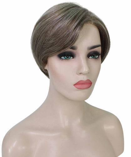 Grey mixed Lt Brn with Slv Grey HL Front Pixie Hair Wig