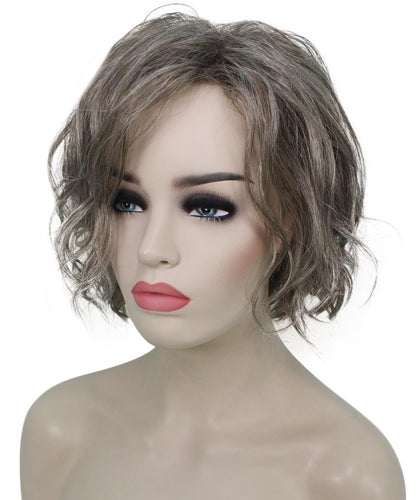Grey mixed Lt Brn with Slv Grey HL Front tousled bob wig