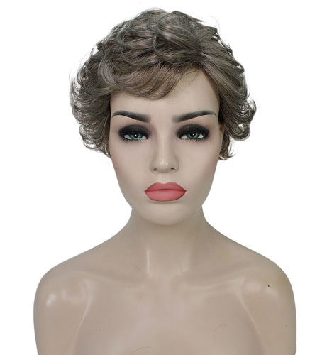 Grey mixed Lt Brn with Slv Grey HL Front Curly Pixie Wig