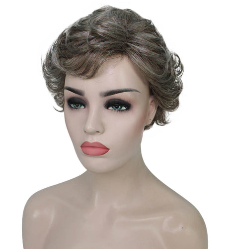 Grey mixed Lt Brn with Slv Grey HL Front Curly Pixie Wig