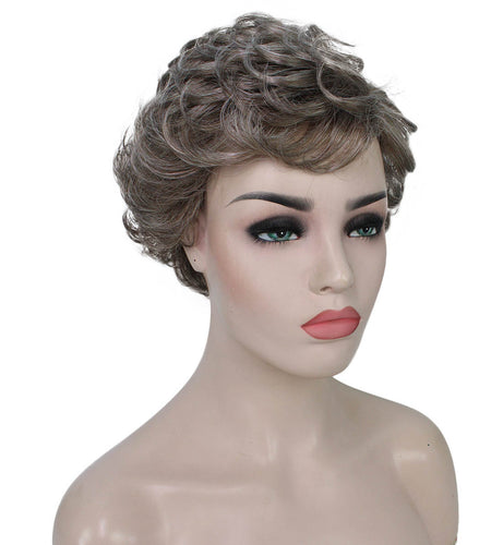 Grey mixed Lt Brn with Slv Grey HL Front Curly Pixie Wig