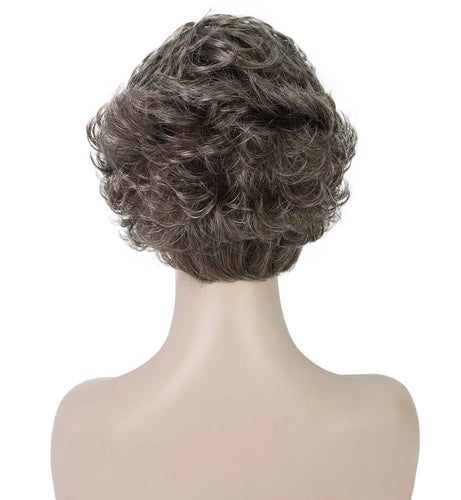 Grey mixed Lt Brn with Slv Grey HL Front Curly Pixie Wig