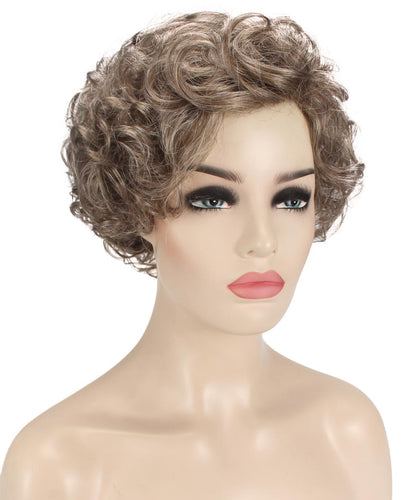 Grey mixed Lt Brn with Slv Grey HL Front pixie style wigs