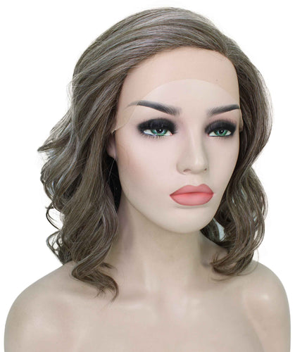 Grey mixed Lt Brn with Slv Grey HL Front synthetic swiss lace front wigs