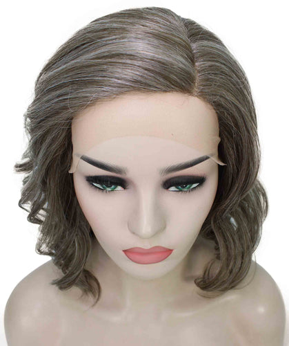 Grey mixed Lt Brn with Slv Grey HL Front synthetic swiss lace front wigs
