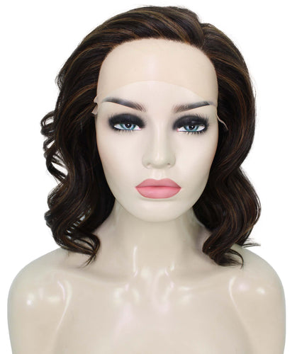 Dark Brown with Auburn highlights synthetic swiss lace front wigs