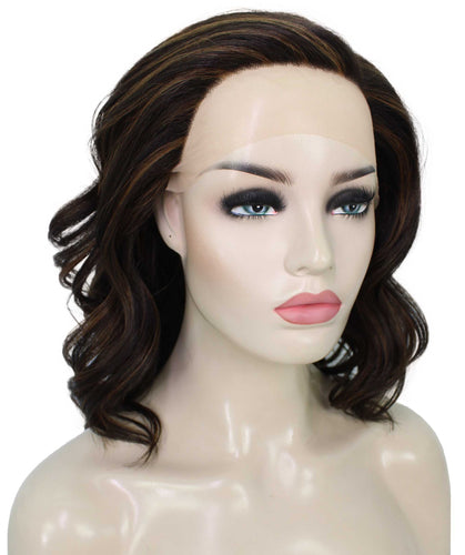 Dark Brown with Auburn highlights synthetic swiss lace front wigs