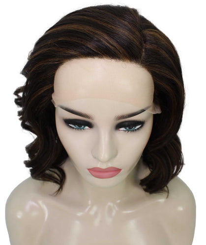 Dark Brown with Auburn highlights synthetic swiss lace front wigs