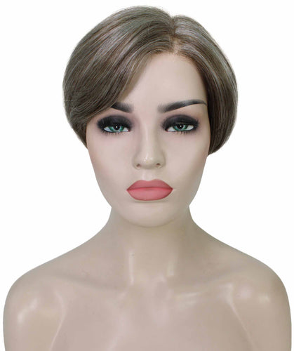 Grey mixed Lt Brn with Slv Grey HL Front Pixie Hair Wig