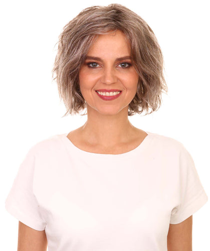 Grey mixed with Light Brown tousled bob wig
