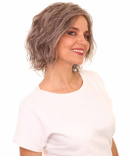 Grey mixed with Light Brown tousled bob wig